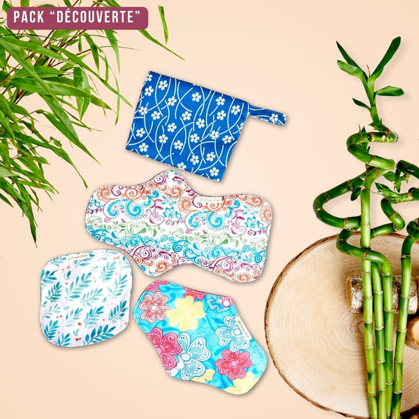Assortiment de 3 pads menstruels lavables avec pochette, pack "Découverte"