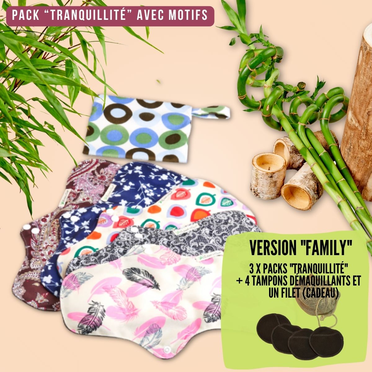 Flux intenses et nuits, pack "Tranquillité" et "Tranquillité+" pads menstruels réutilisables