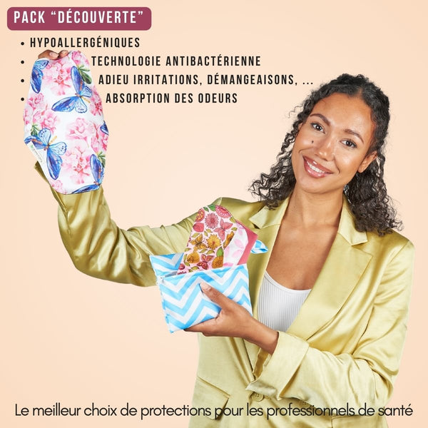 Assortiment de 3 pads menstruels lavables avec pochette, pack "Découverte"