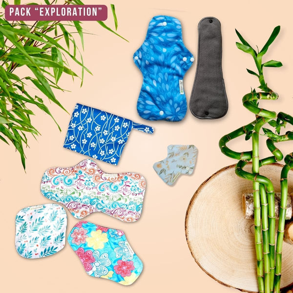 Assortiment de 6 pads menstruels lavables avec pochette, pack "EXPLORATION"
