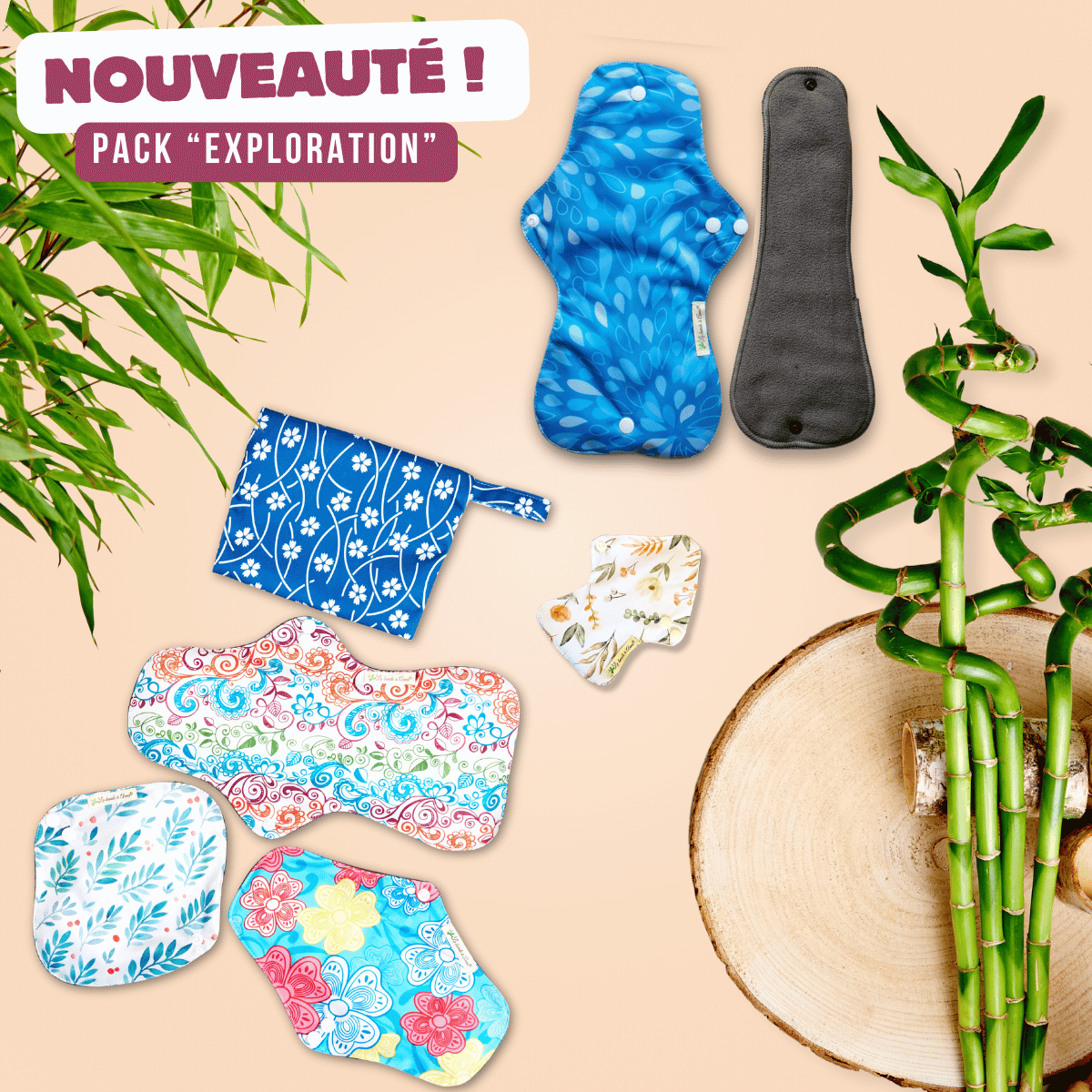 Assortiment de 6 pads menstruels lavables avec pochette, pack "EXPLORATION"