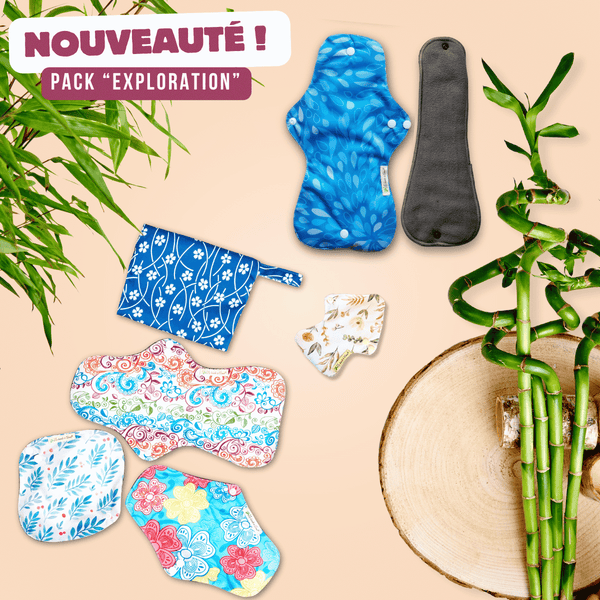 Assortiment de 6 pads menstruels lavables avec pochette, pack "EXPLORATION"
