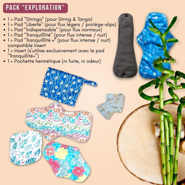 Assortiment de 6 pads menstruels lavables avec pochette, pack "EXPLORATION"