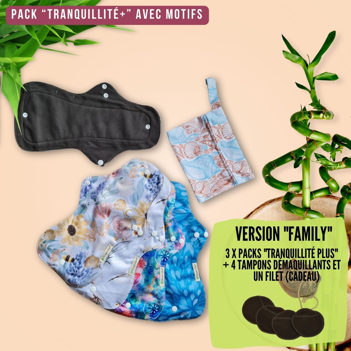 Flux intenses et nuits, pack "Tranquillité" et "Tranquillité+" serviettes hygiéniques lavables