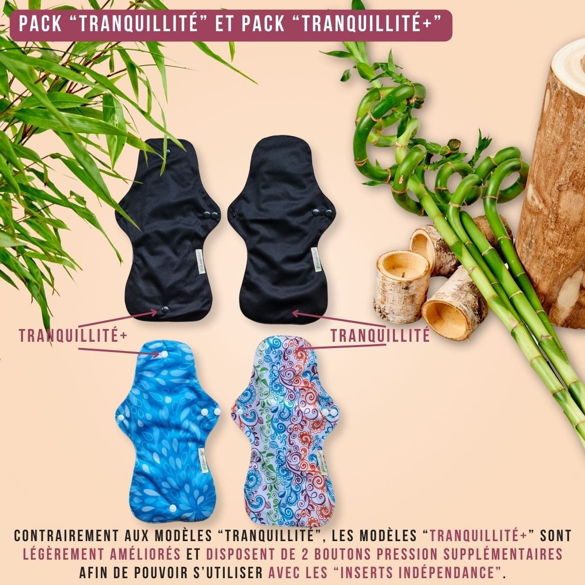 Flux intenses et nuits, pack "Tranquillité" et "Tranquillité+" serviettes hygiéniques lavables